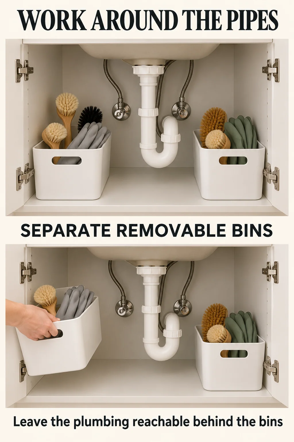Separate removable bins occupy clear pockets around a central drain while valves and the cabinet base remain accessible.