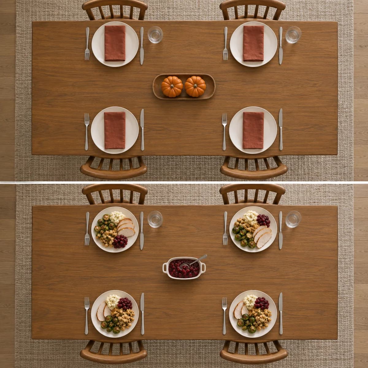 Overhead comparison of a narrow rectangular table with two settings on each long side, replacing a small pumpkin tray with one condiment dish when dinner is served.