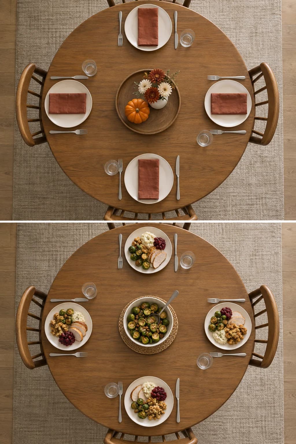 Overhead comparison of a round Thanksgiving table for four, with a low decorative tray before dinner and one shared bowl in the same center space during dinner.