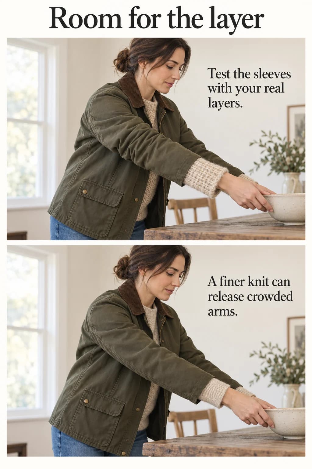 The same olive barn jacket over bulky and fine knits, showing sleeve clearance during a forward reach.