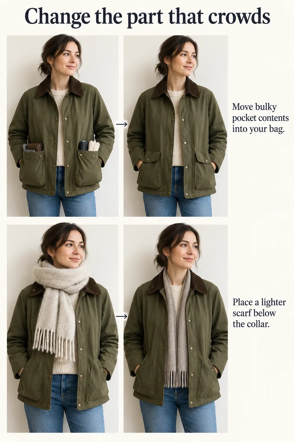 Loaded and empty jacket pockets, then bulky and light scarves, show two separate causes of a crowded silhouette.