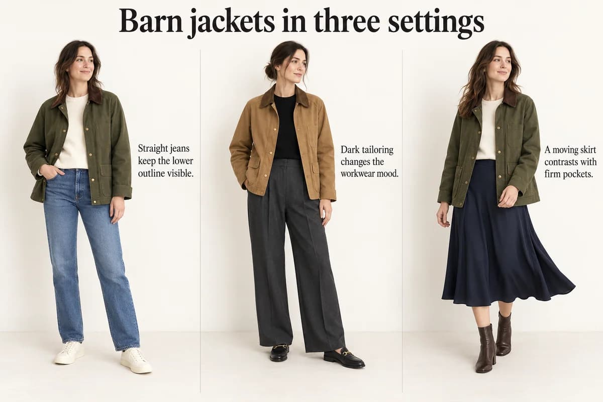 Olive and tan barn-jacket outfits compare straight jeans, tailored trousers and a fluid navy skirt.