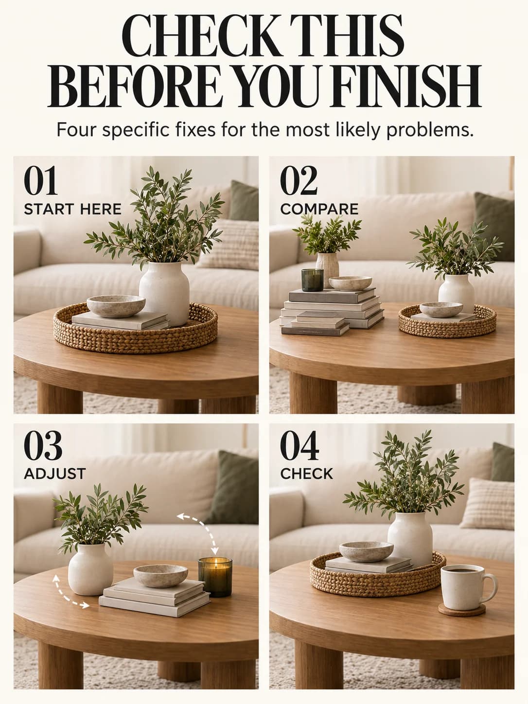 Educational guide for how to style a coffee table: Four specific fixes for the most likely problems.