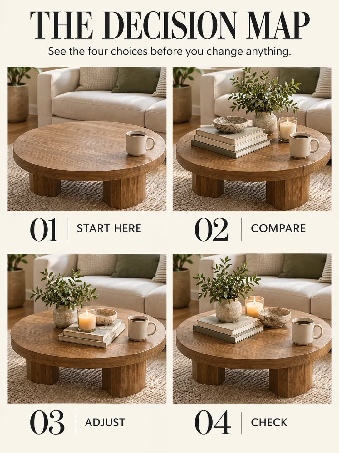 Educational guide for how to style a coffee table: See the four choices before you change anything.