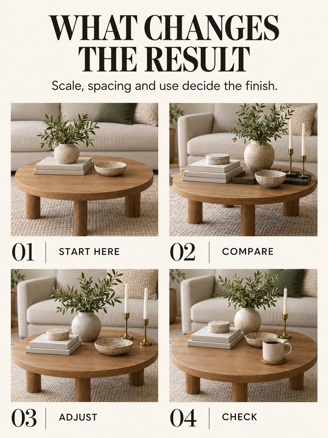 Educational guide for how to style a coffee table: Scale, spacing and use decide the finish.