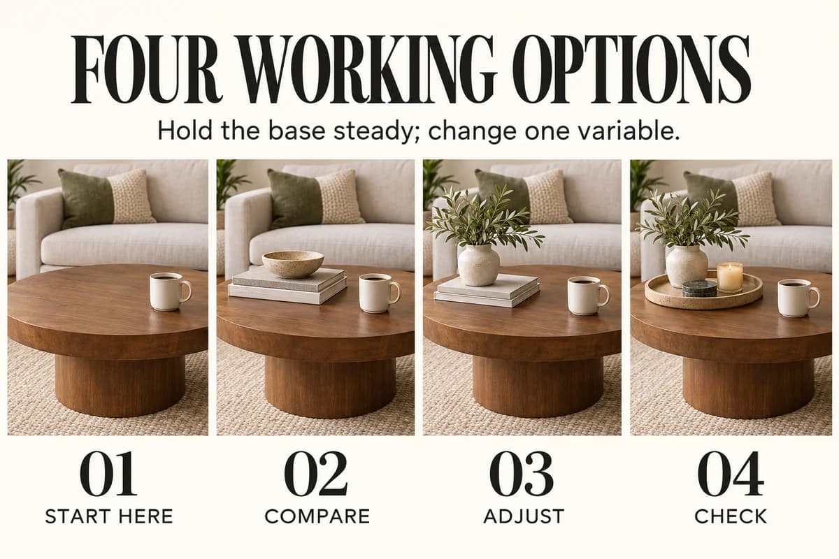 Educational guide for how to style a coffee table: Hold the base steady; change one variable.