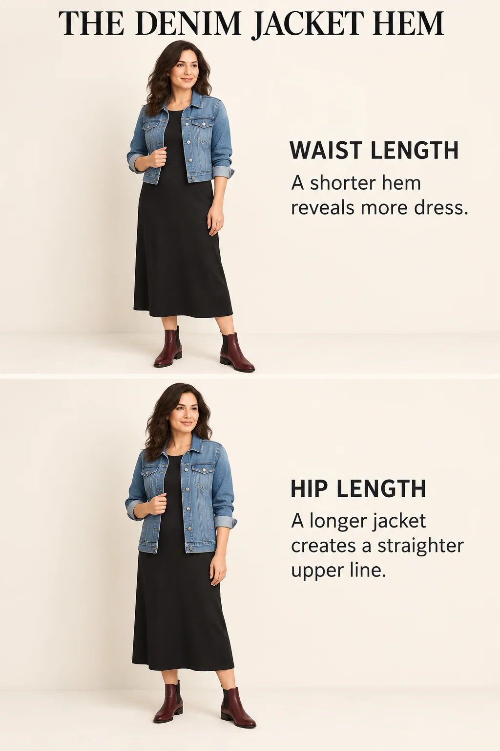 One black midi dress under waist-length and hip-length denim jackets, showing how the visible dress and upper outline change.