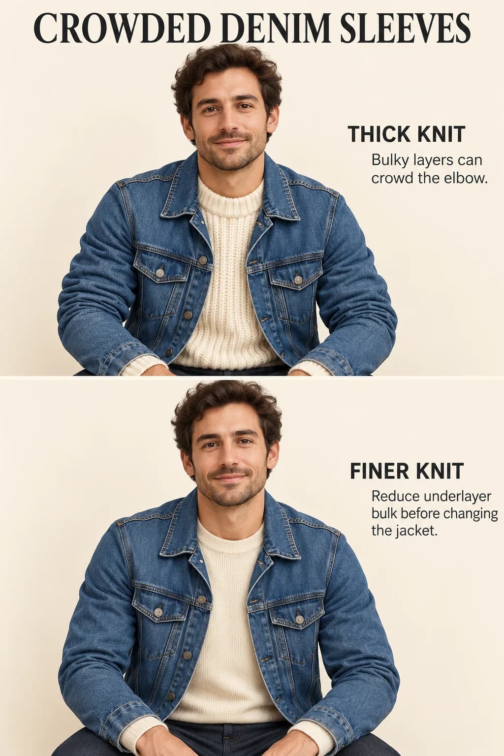 A thick cream knit bunches beneath a fixed denim jacket, while a finer knit leaves the sleeves smoother.
