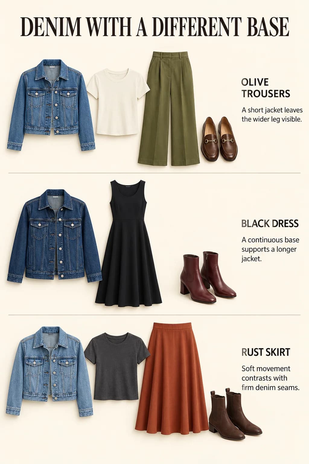 Three complete denim-jacket outfits demonstrate a visible wide leg, continuous dress base and fluid skirt.