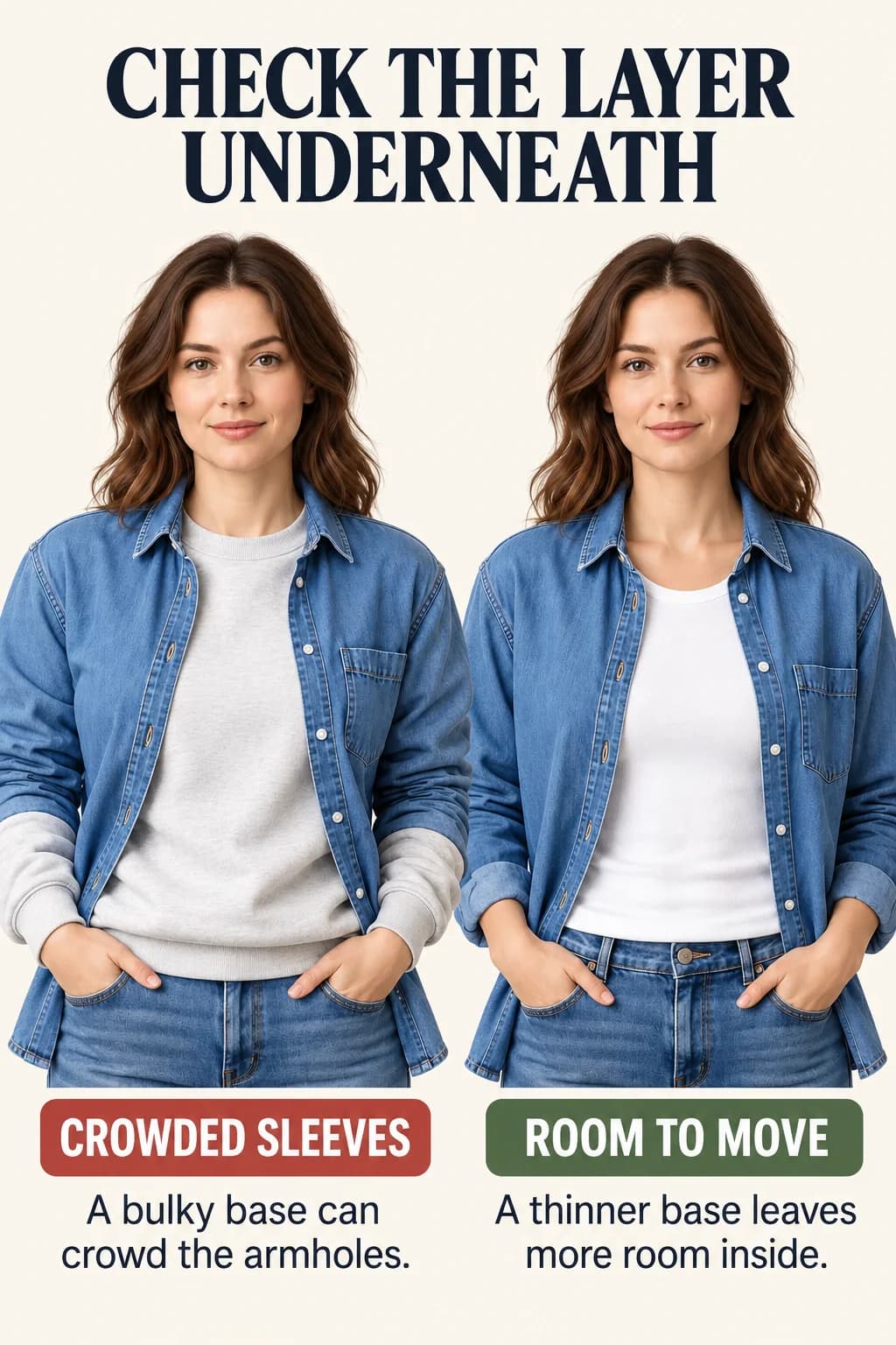 The same open denim shirt pulls over a bulky white sweatshirt, then hangs more freely over a thinner white tee.