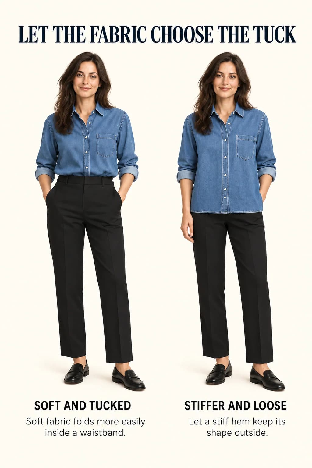 A soft blue denim shirt tucks smoothly into black trousers, while a stiffer straight-hemmed shirt is worn loose with the same trousers and loafers.