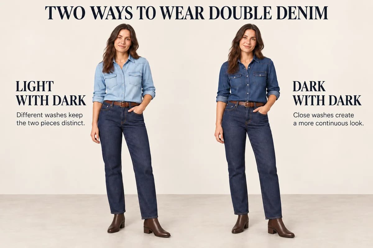 A light-blue shirt contrasts with dark jeans, while the same-cut shirt in a close dark wash creates a more continuous double-denim outfit.