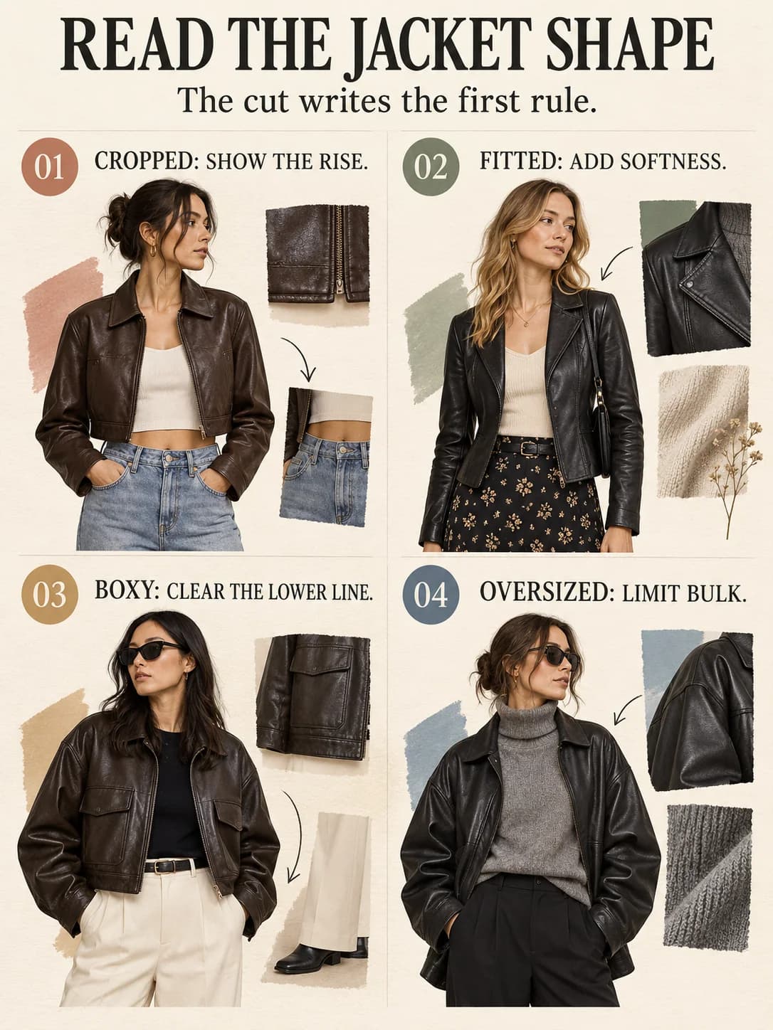 READ THE JACKET SHAPE guide for how to style a leather jacket women