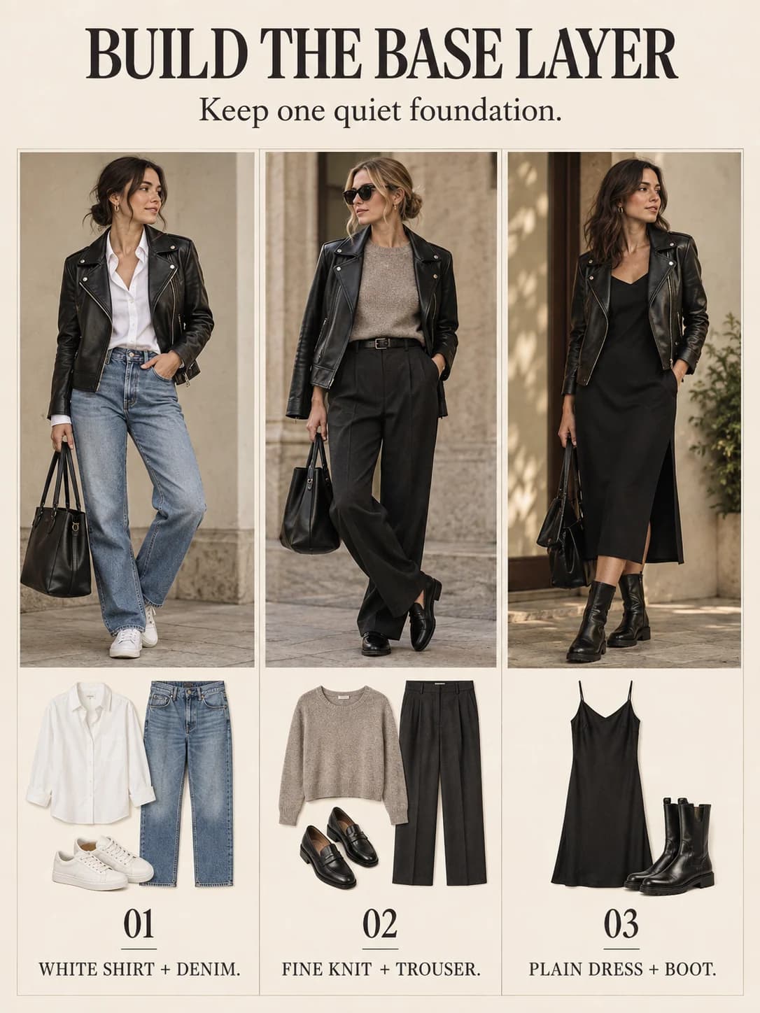 BUILD THE BASE LAYER guide for how to style a leather jacket women