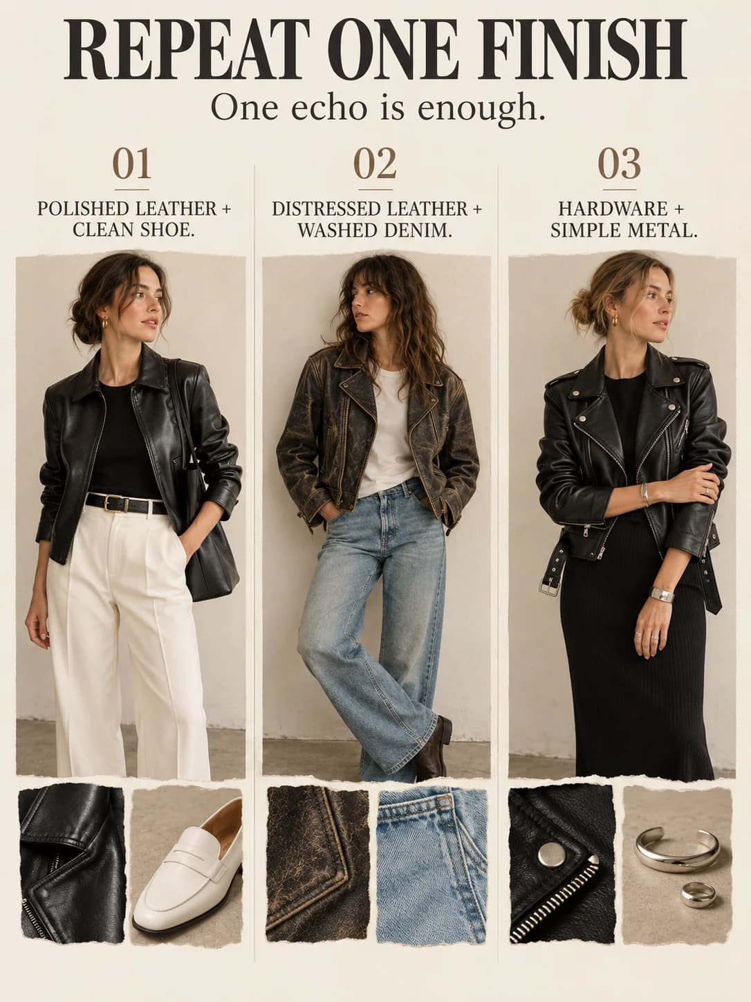 REPEAT ONE FINISH guide for how to style a leather jacket women