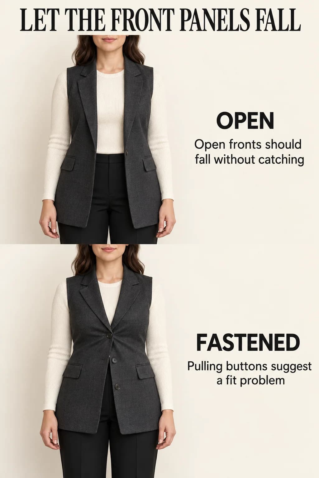 An open long vest hangs freely; the same vest fastened shows diagonal button pulling, distinguishing clean drape from a fit problem.