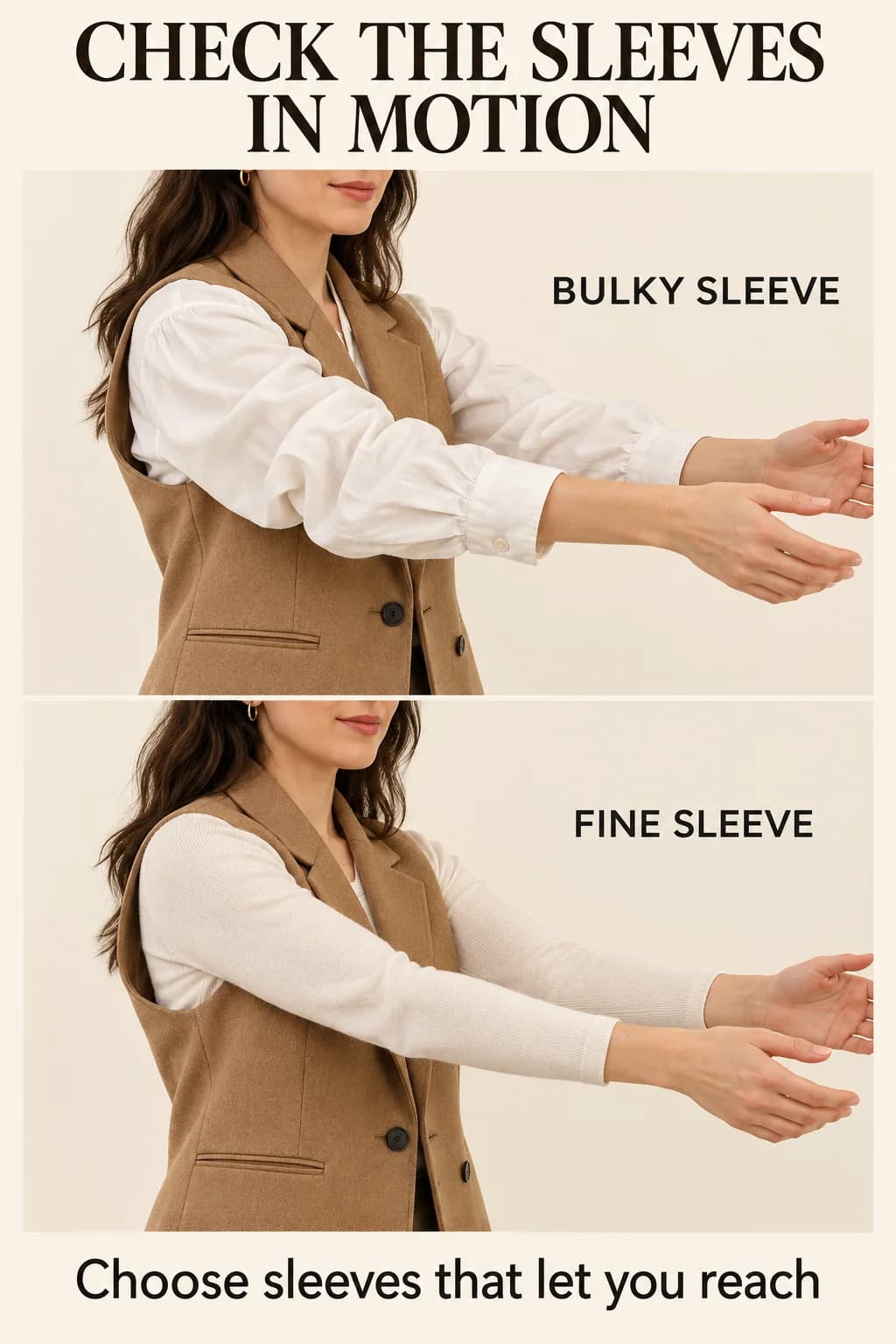 The same long vest and forward-reaching pose show a bulky shirt bunching at the armhole and a fine knit sleeve moving smoothly.