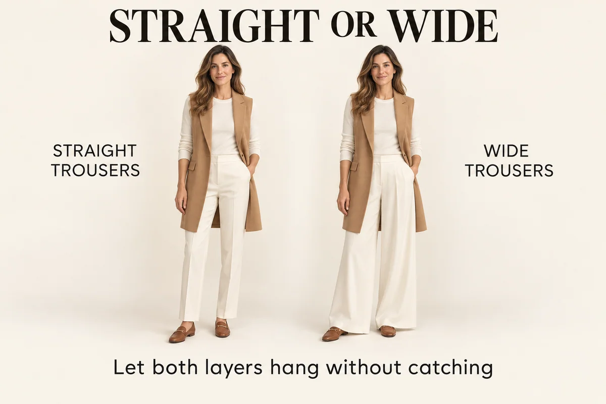 The same camel long vest over straight and wider cream trousers shows that free-hanging panels and hem clearance matter more than a narrow leg.