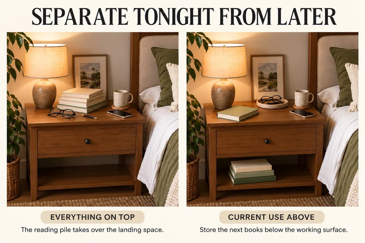 A large nightstand’s crowded book stack is divided into one current book on top and the next three books on its lower shelf.