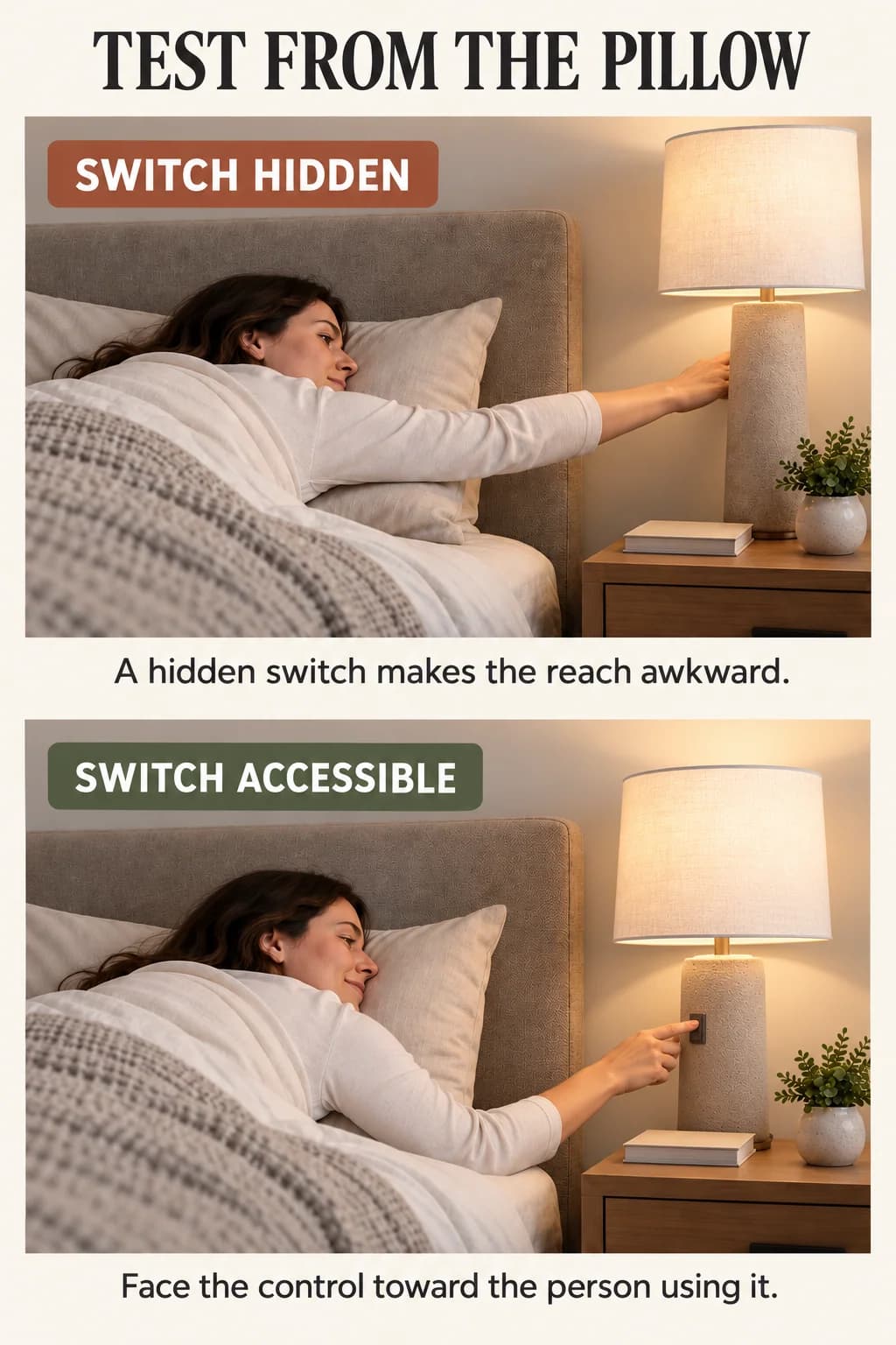 A reclining adult reaches awkwardly behind a bedside lamp, then easily reaches the same lamp’s base switch facing the bed.