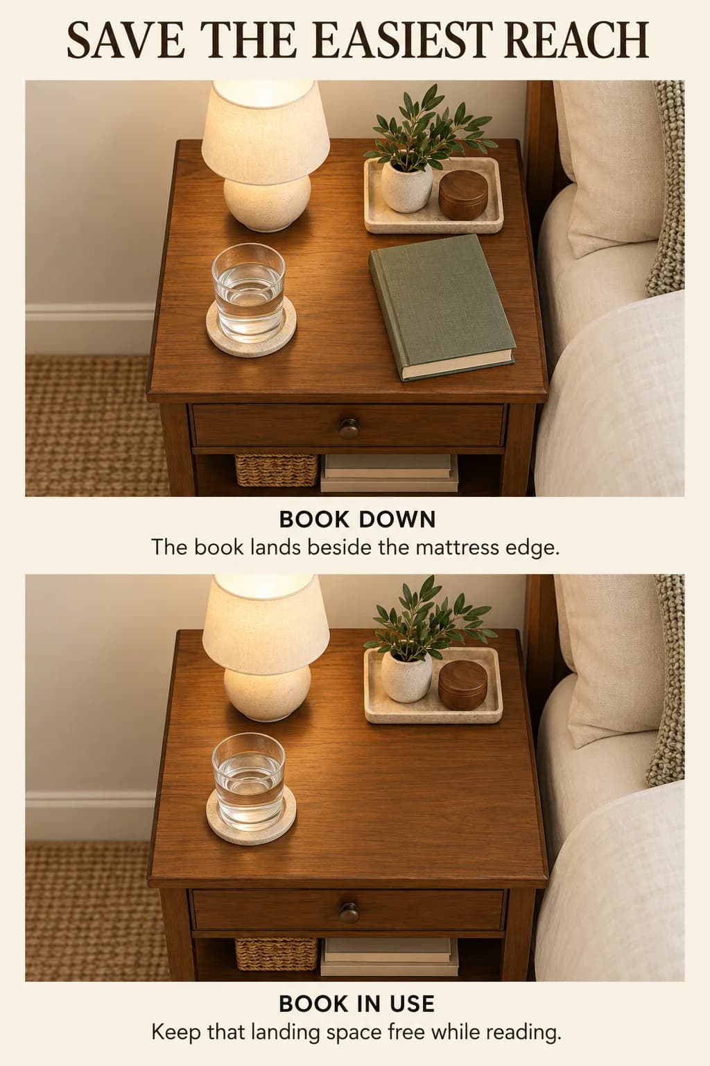 Overhead views show a compact nightstand with a book beside the mattress and the same clear landing area when the book is in use.