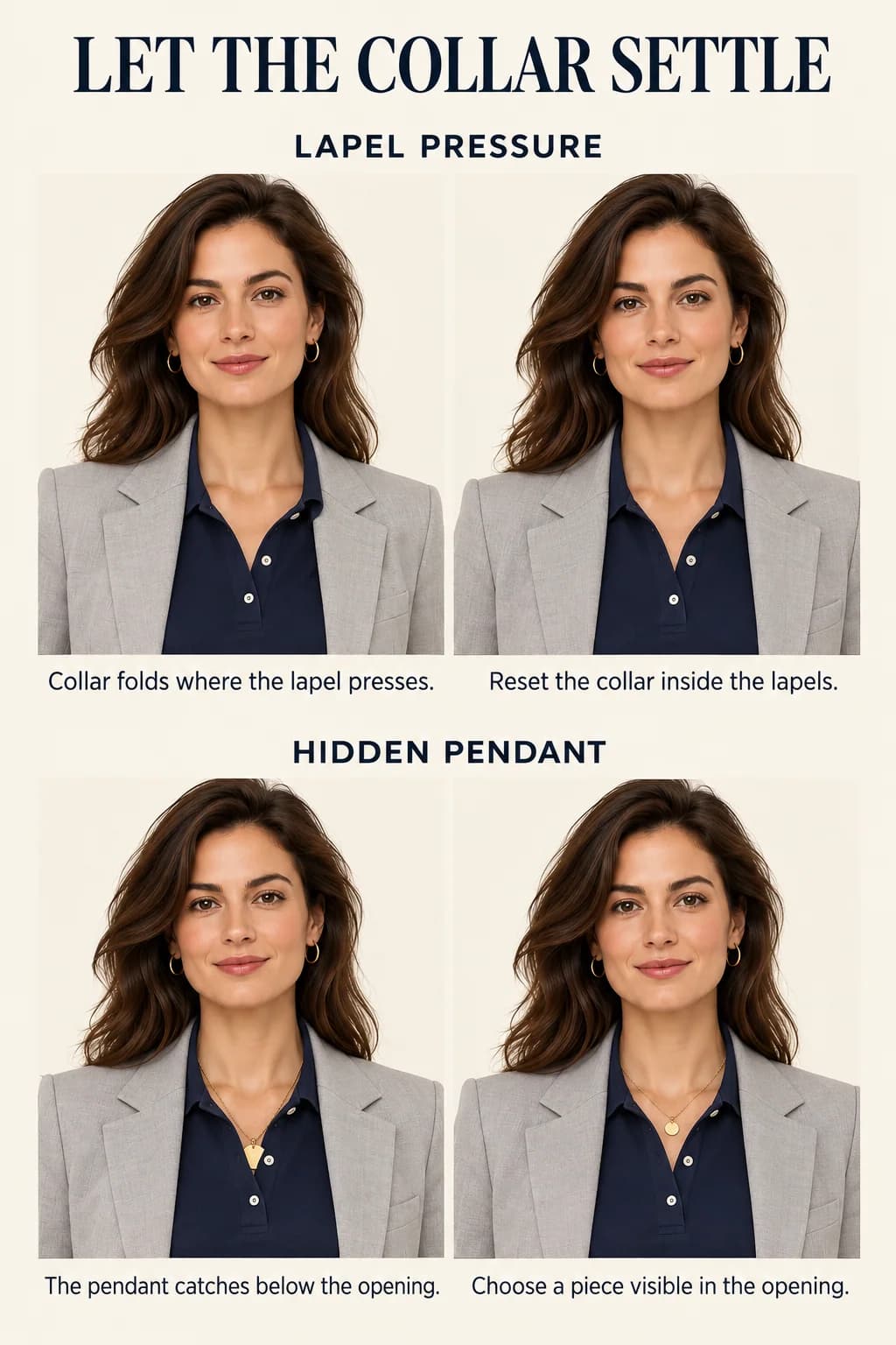 Paired close-ups show a polo collar released from a pressing blazer lapel and a smaller pendant remaining visible within the open placket.