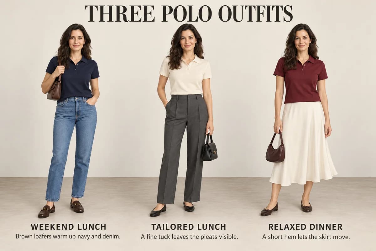 Navy polo with jeans and loafers, cream polo with pleated trousers and flats, and burgundy polo above a cream skirt demonstrate three complete outfits.
