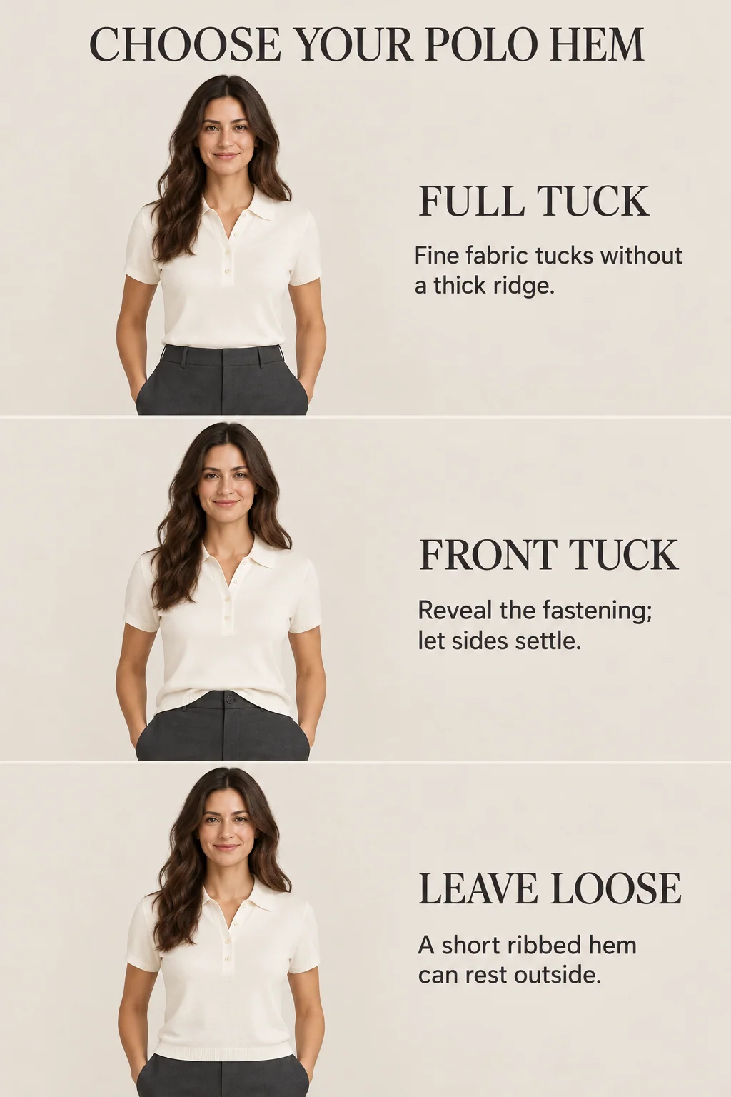 Three cream polo hem treatments show a fine full tuck, a small center tuck and a short ribbed hem resting outside charcoal trousers.