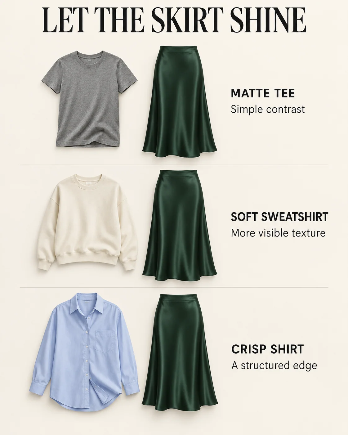 A green satin skirt paired with a matte tee, sweatshirt and cotton shirt.