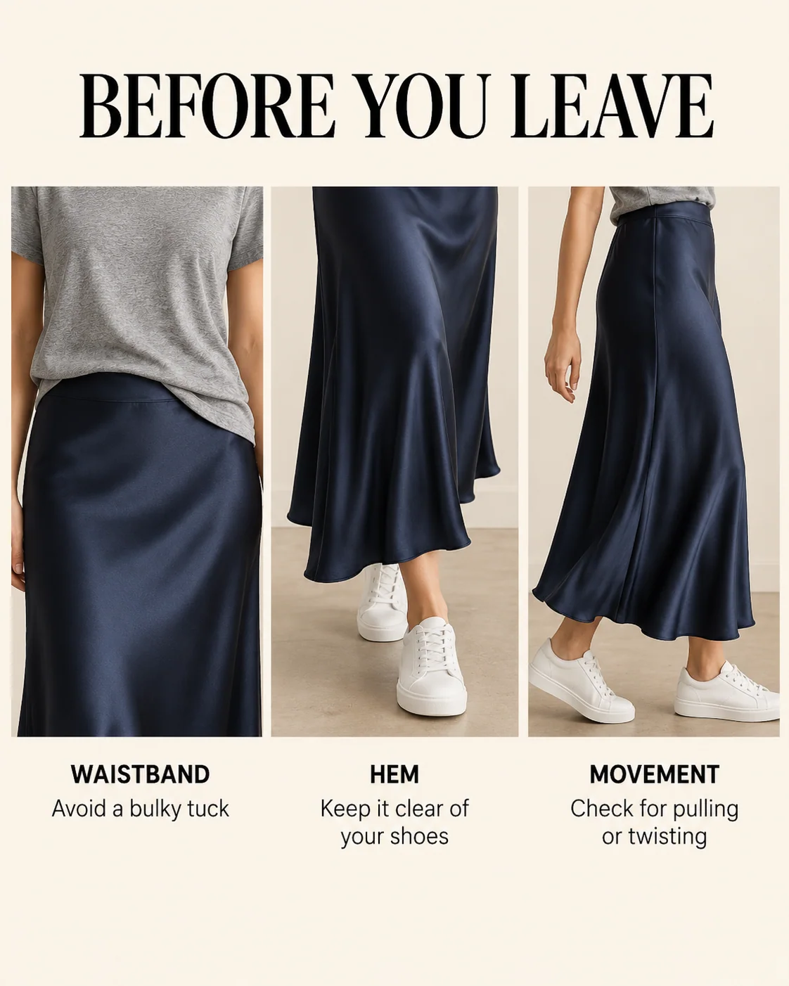 A skirt waistband, moving hem and side seam highlighting three checks.