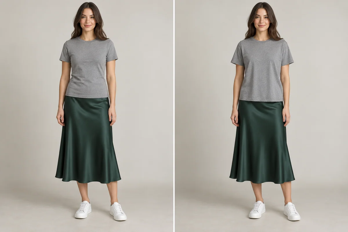 Same dark-green skirt and white sneakers with a skimming and a roomier gray tee.