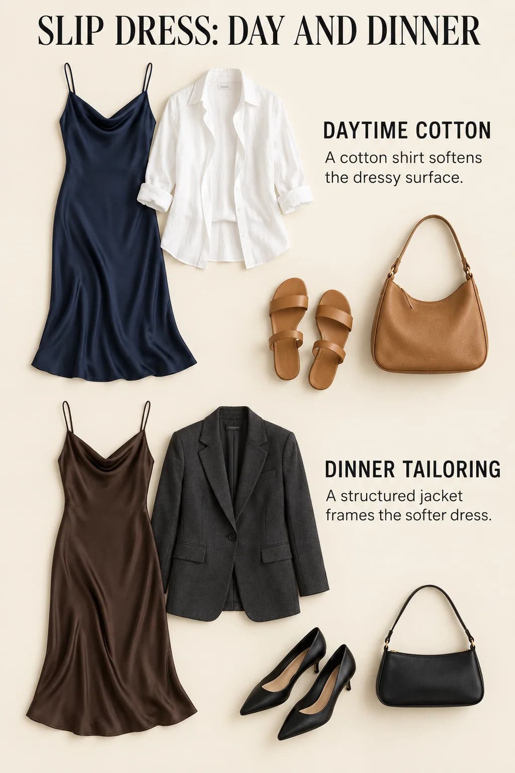 Daytime cotton layering and evening tailoring demonstrate two distinct ways to frame a slip dress.