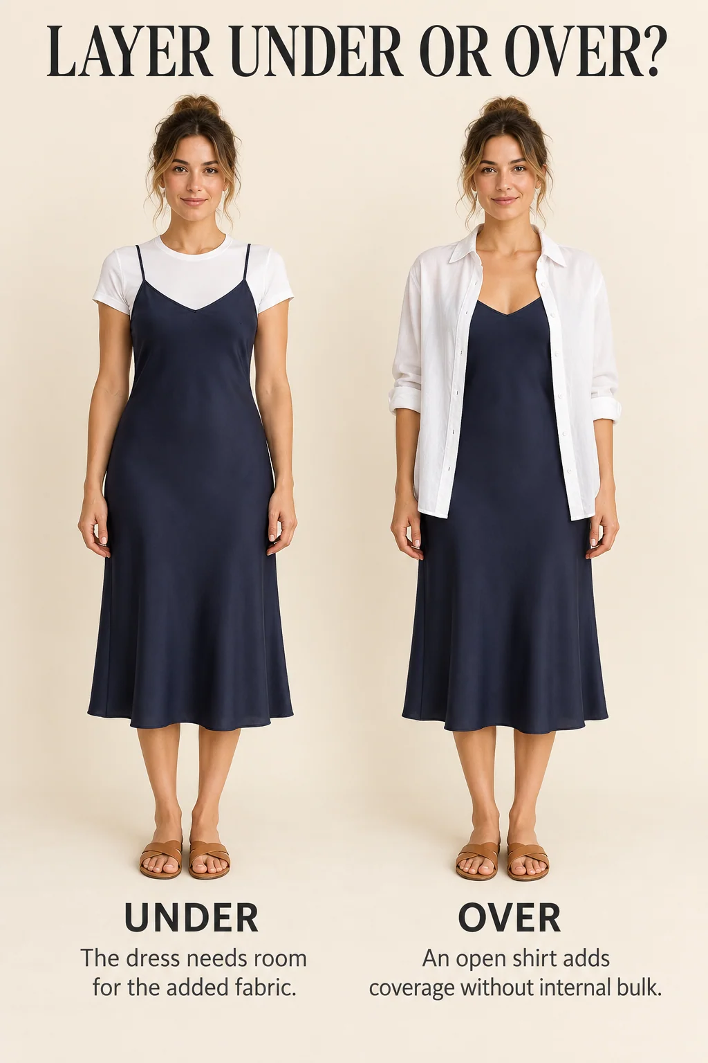 A navy slip dress worn over a fine tee and beneath an open cotton shirt compares internal bulk with removable outer coverage.