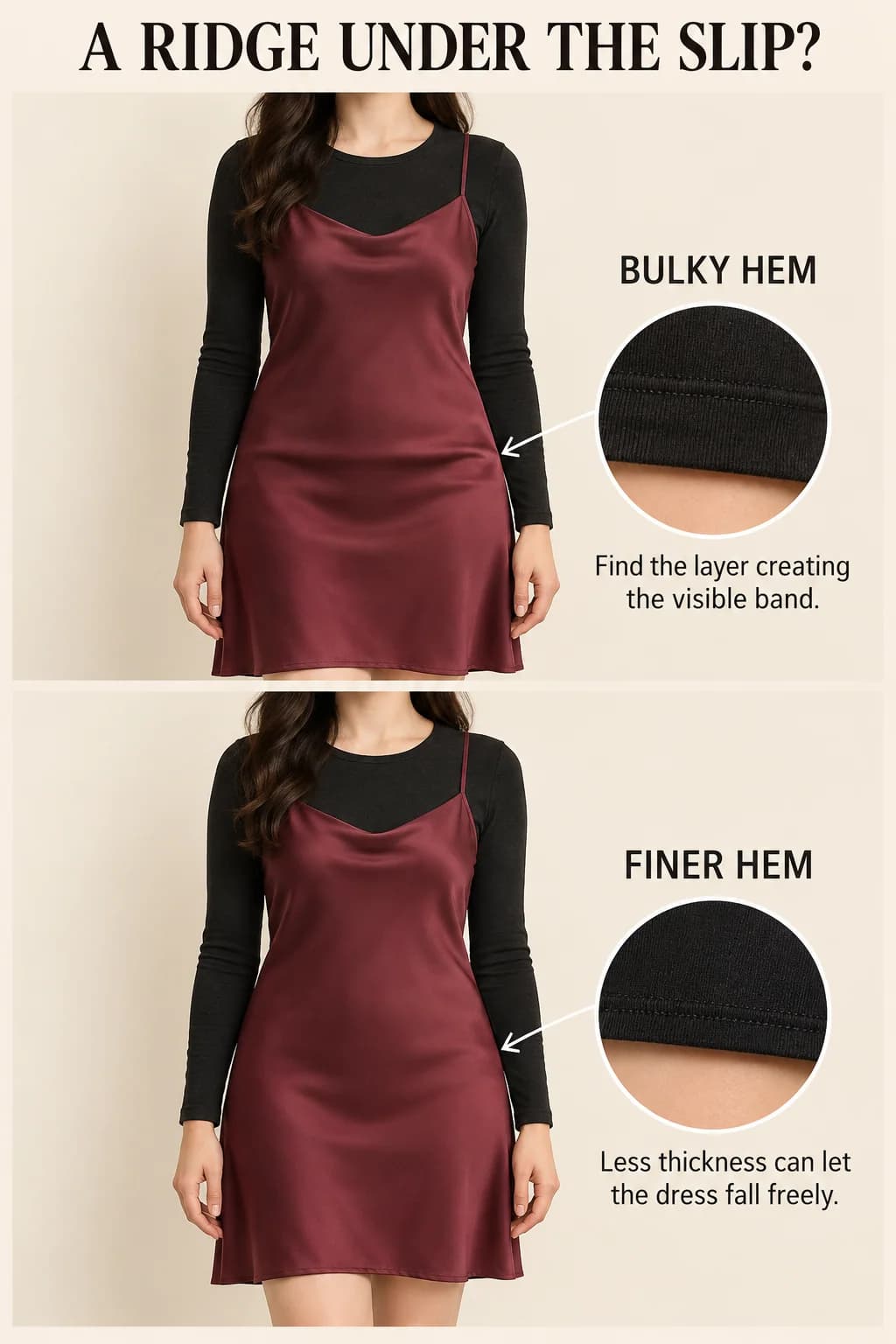A bulky and a finer underlayer hem beneath the same slip dress show how hidden fabric thickness can interrupt the dress’s fall.