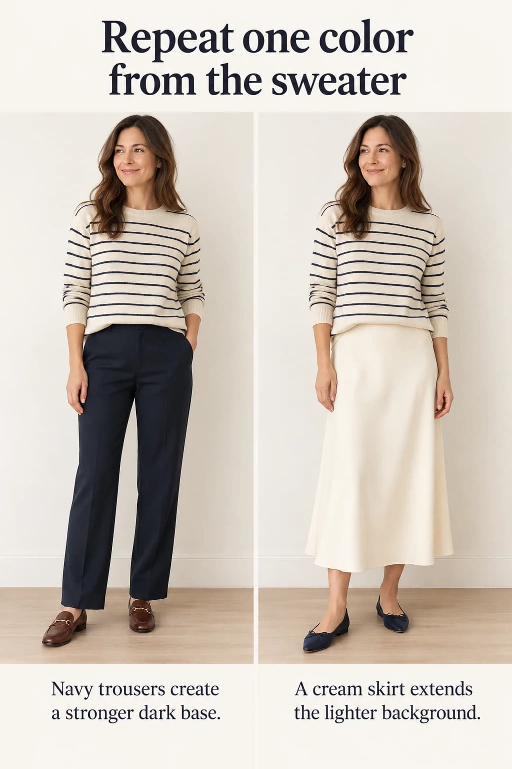 One cream-and-navy striped sweater with navy trousers and a cream skirt shows two supporting color choices.