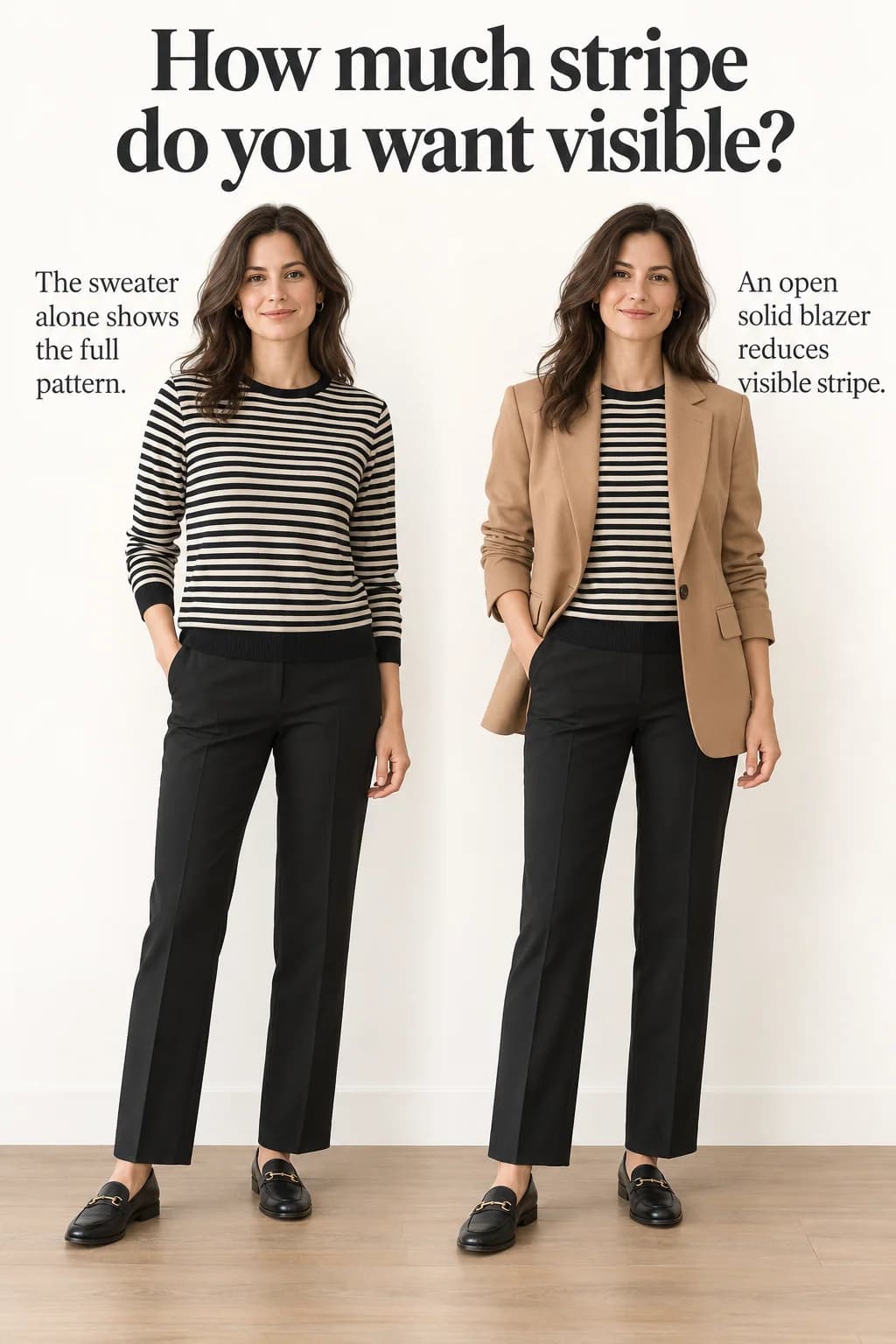 An identical striped sweater and black trousers with and without a camel blazer demonstrate pattern framing.