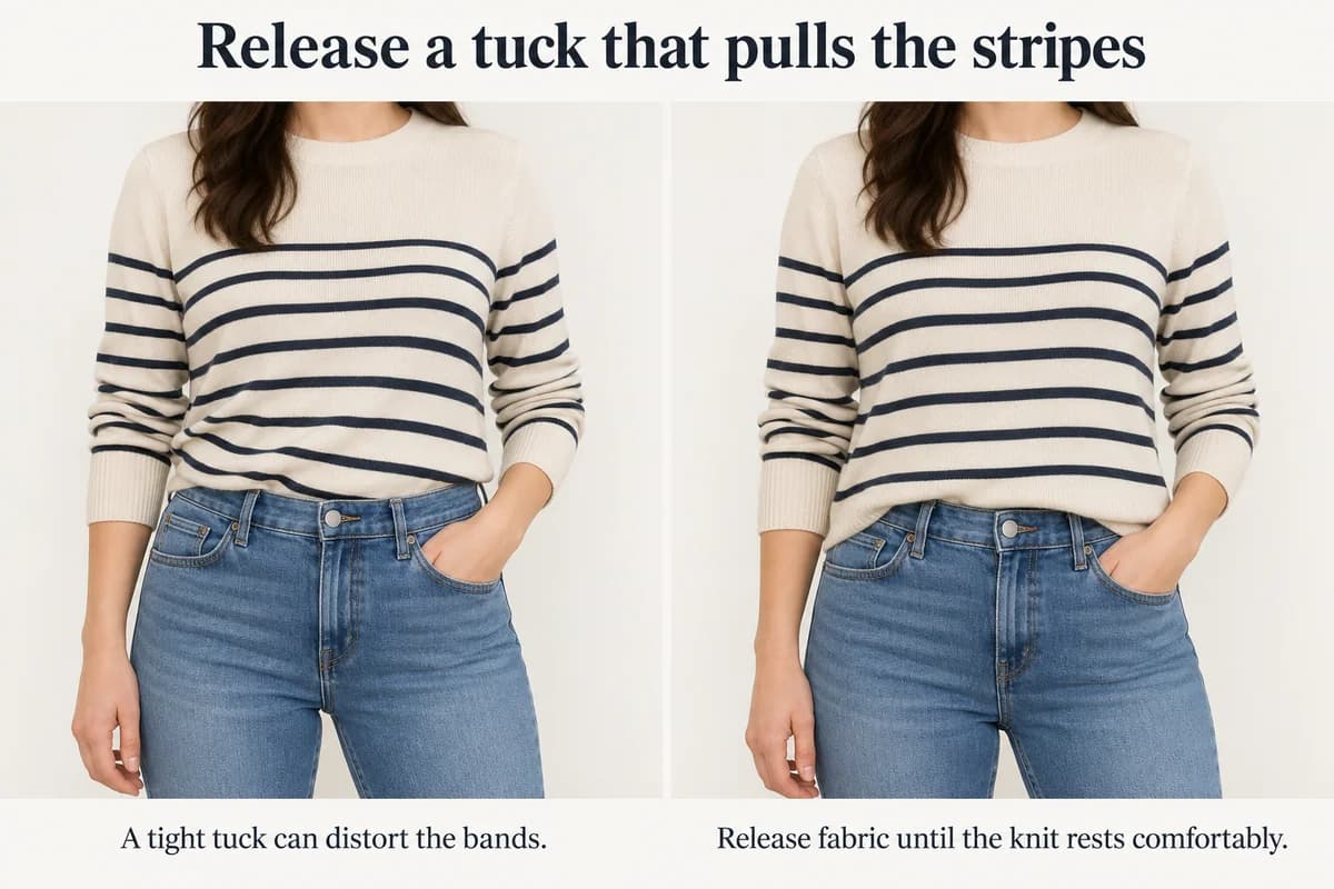 The same striped knit tightly and loosely tucked shows fabric tension rather than a change in body shape.