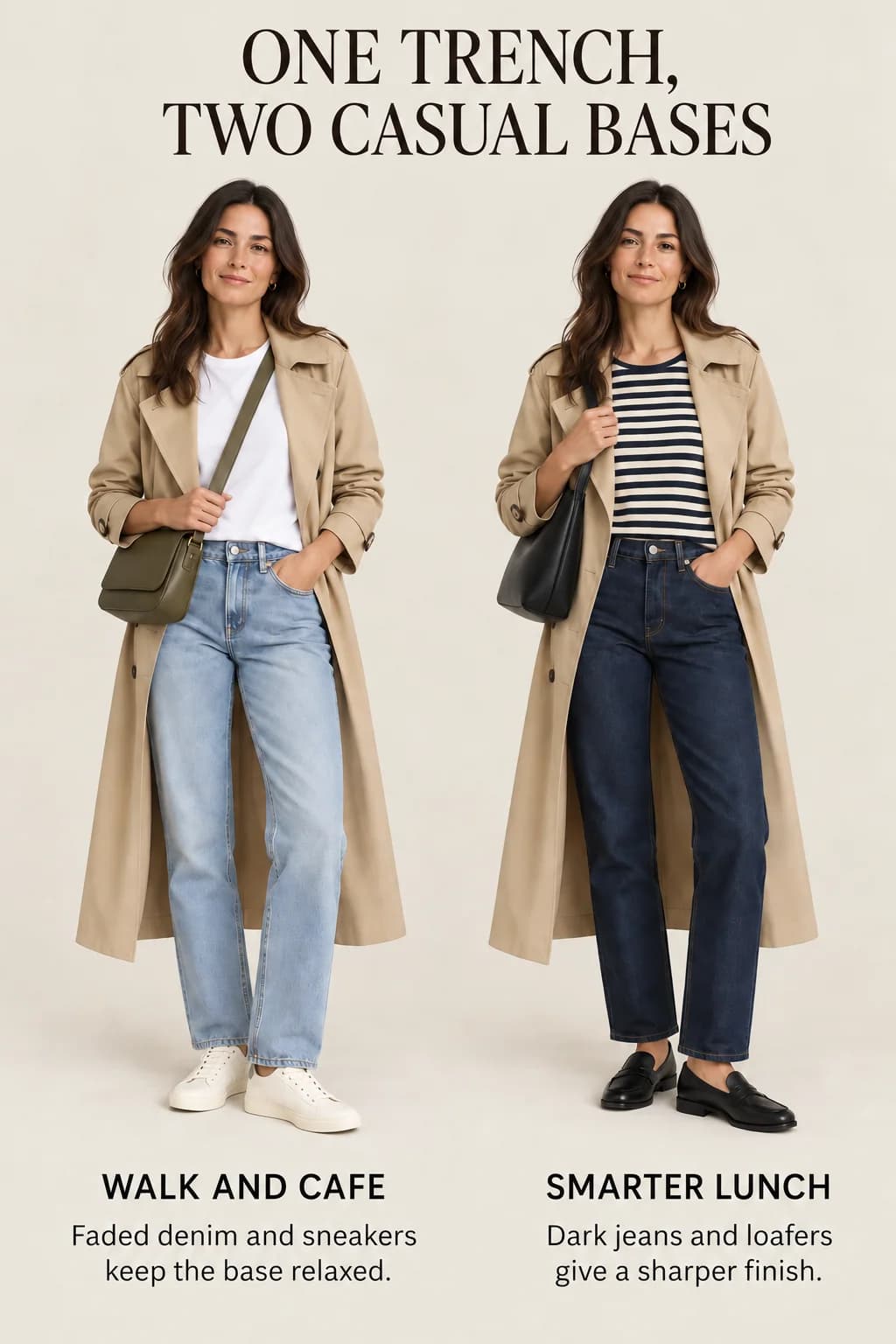 The same stone trench tops faded jeans and sneakers for a relaxed walk, then a striped knit, dark jeans and loafers for a smarter lunch.