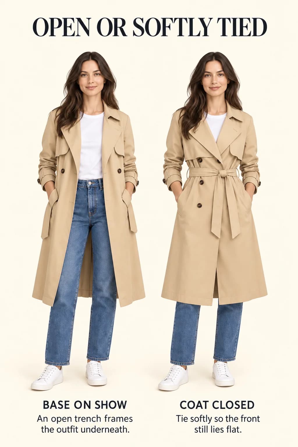 The same beige trench frames a visible tee-and-jeans outfit when open, then closes with a soft belt knot and smooth front.