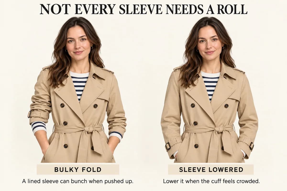 A lined trench sleeve bunches into a thick band when pushed up, then lies smoothly at the wrist when lowered.