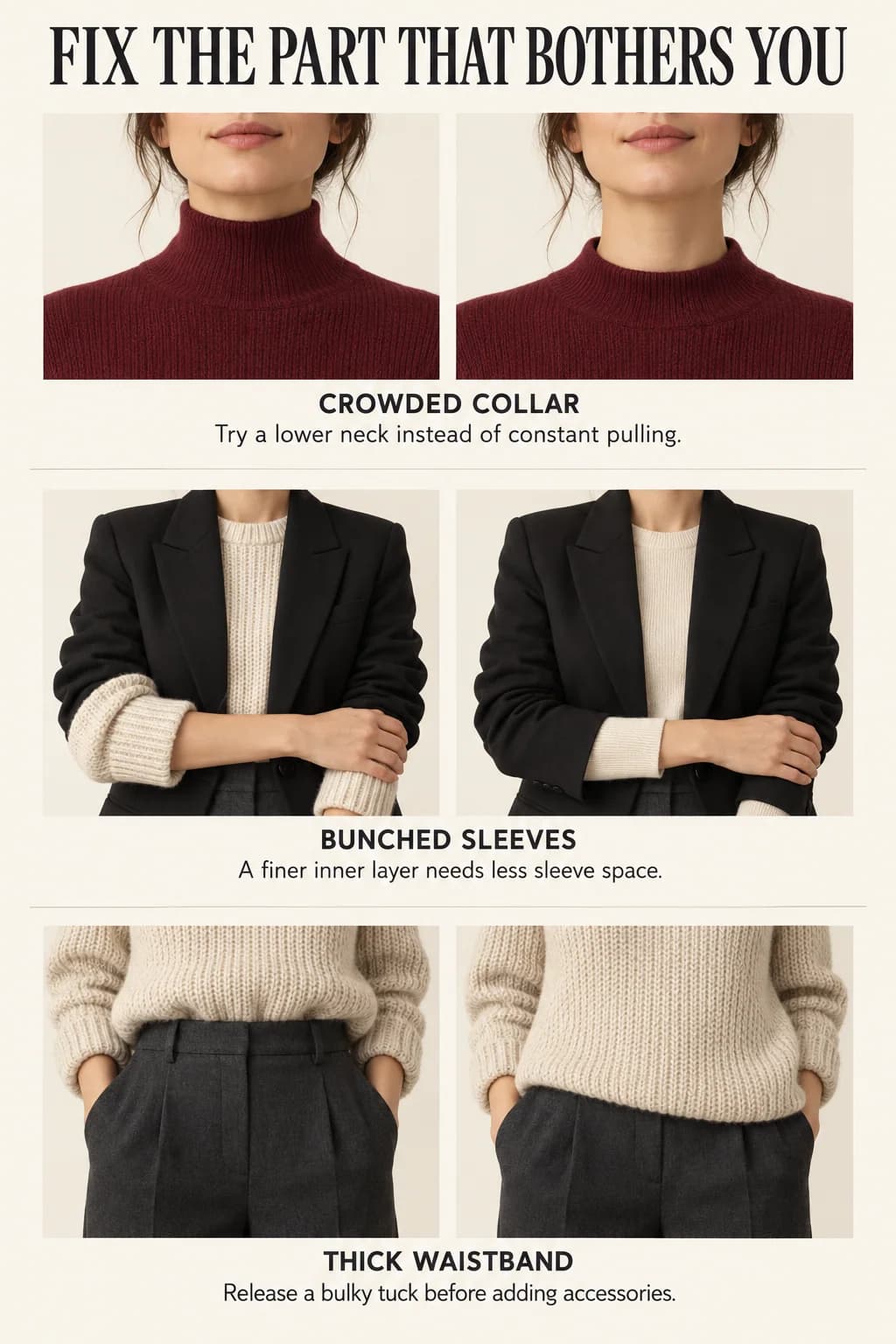 Controlled close-ups compare a crowded collar with a mock neck, thick with fine inner sleeves, and a bulky tuck with a released hem.