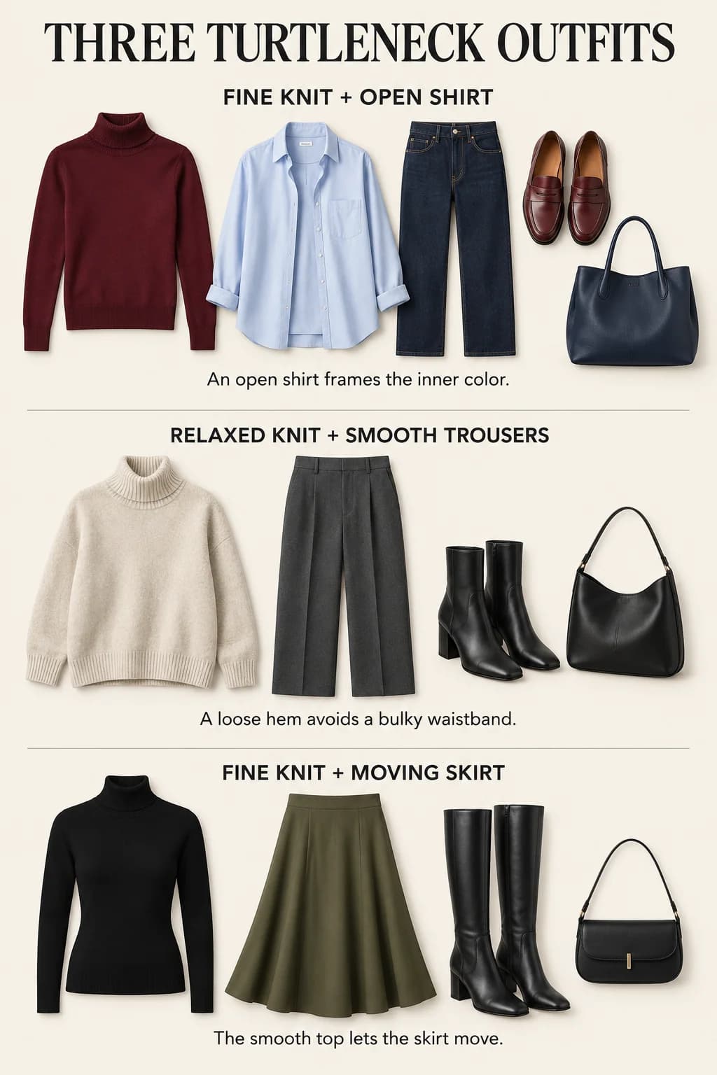 Three complete outfits show burgundy under an open blue shirt, oatmeal over charcoal trousers, and black with an olive midi skirt.