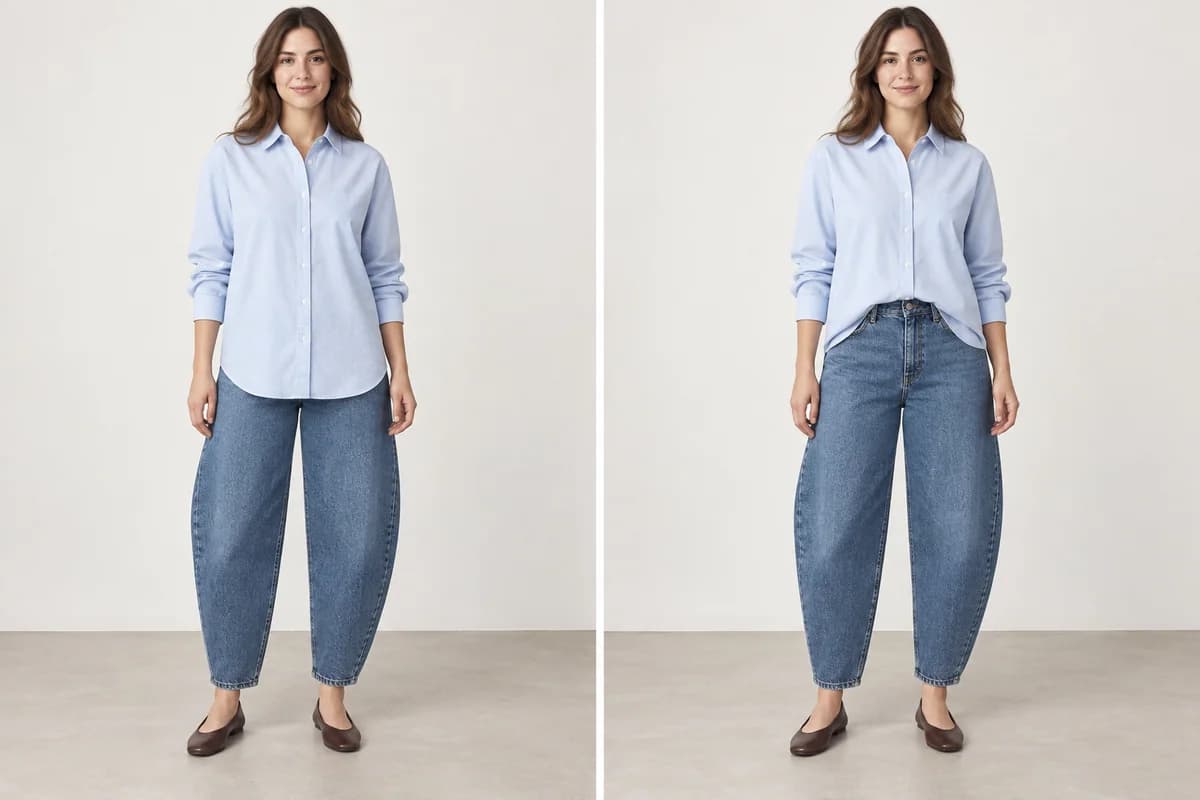 The same pale-blue shirt and medium-blue barrel jeans worn fully untucked on the left and with a small front tuck on the right.