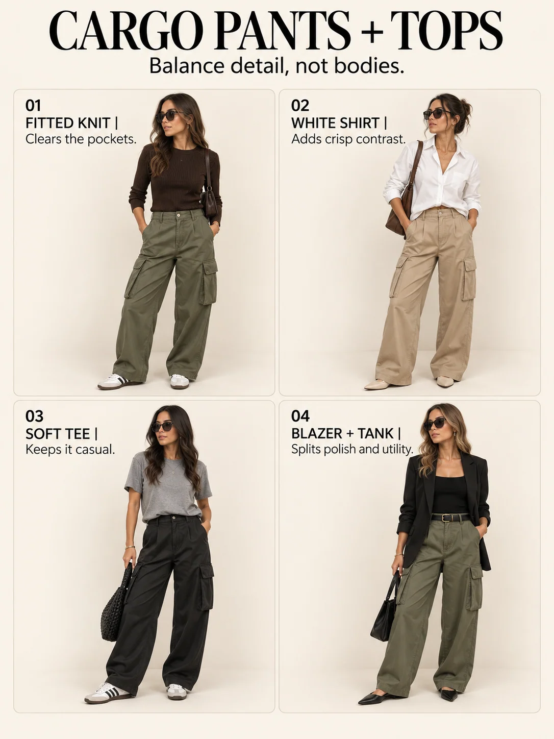 Educational guide titled CARGO PANTS + TOPS