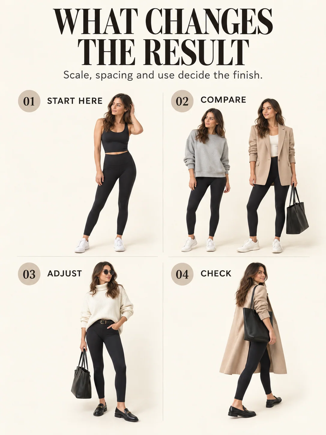 Educational guide for how to style leggings without looking too casual: Scale, spacing and use decide the finish.
