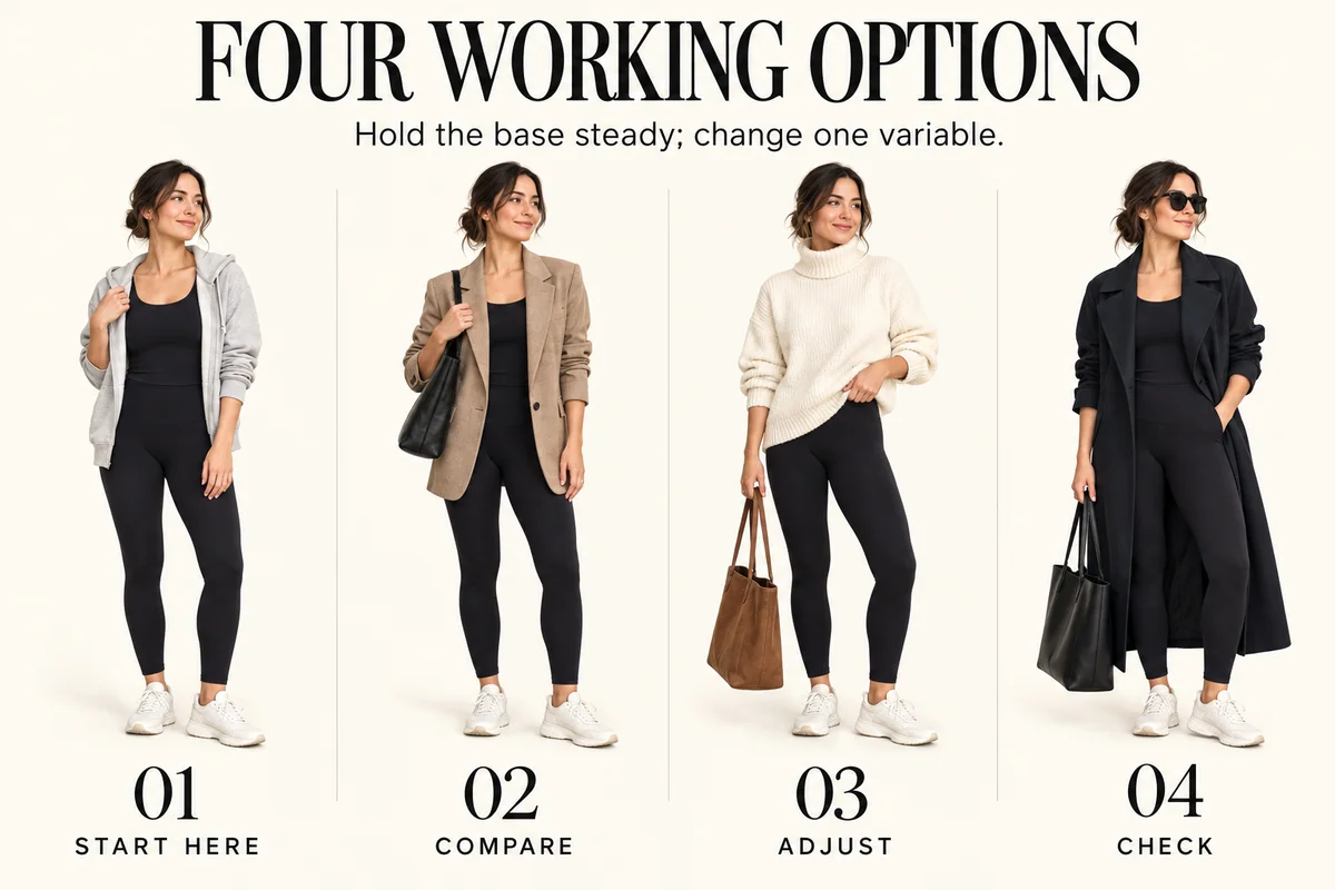 Educational guide for how to style leggings without looking too casual: Hold the base steady; change one variable.