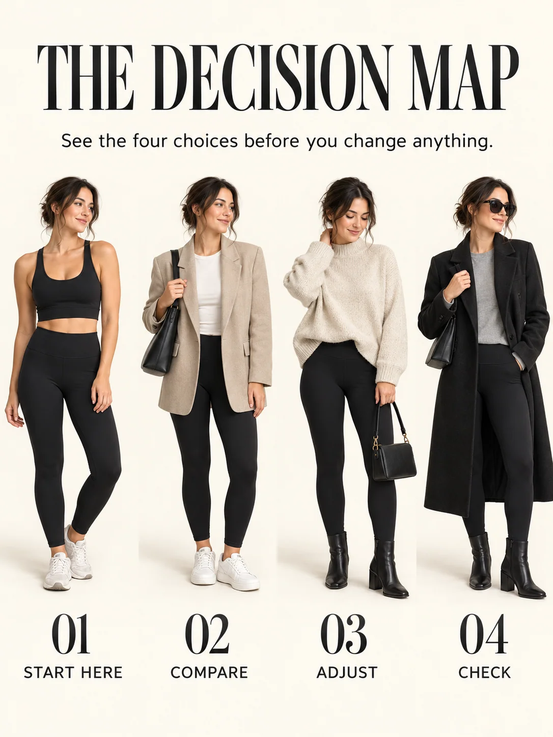 Educational guide for how to style leggings without looking too casual: See the four choices before you change anything.