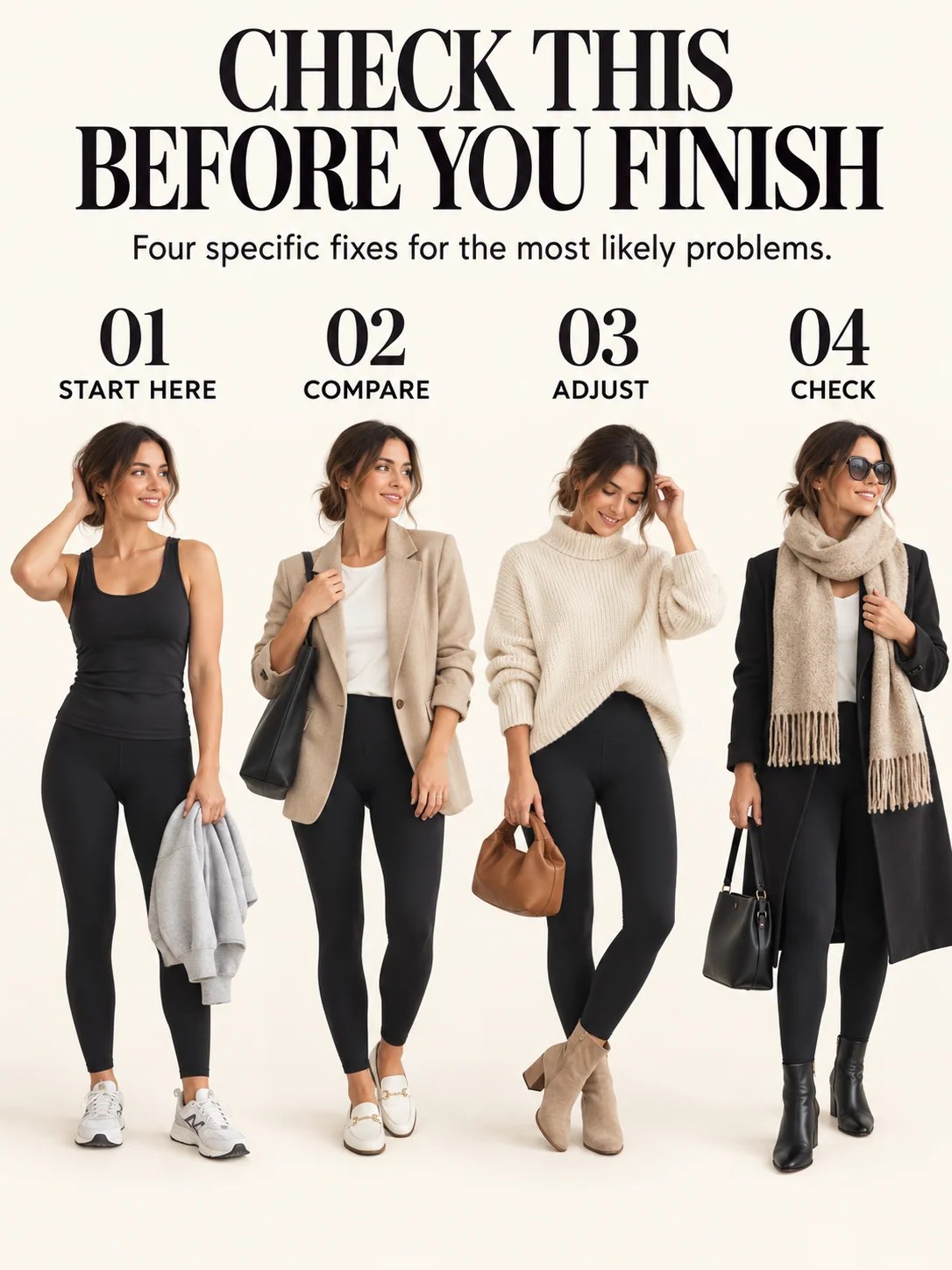 Educational guide for how to style leggings without looking too casual: Four specific fixes for the most likely problems.