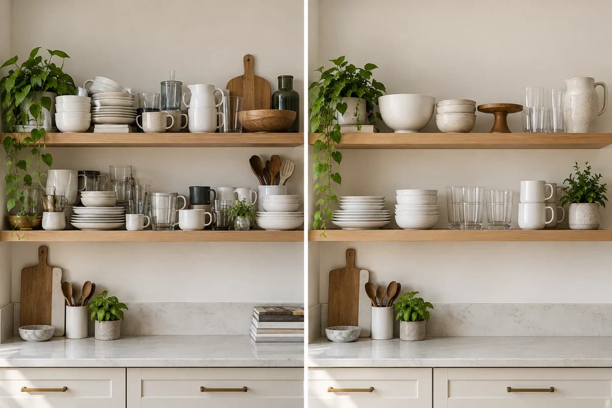 Controlled comparison for how to style open kitchen shelves