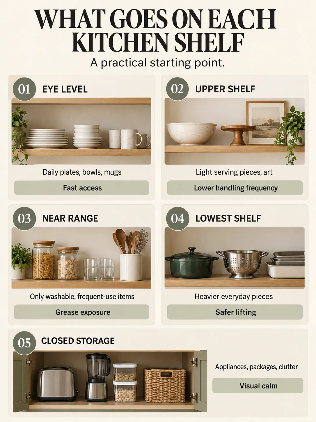 Educational guide: what goes on each kitchen shelf